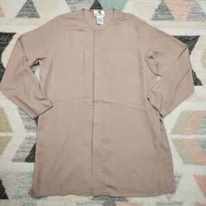 VTG Xriss Xross beige tan silk button front tunic long sleeve shirt blouse